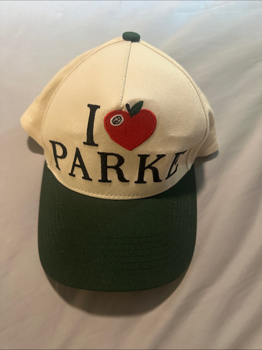 SOLD OUT Cream & Green 'I ❤️ Parke' Baseball Cap PARKE HAT NWOT